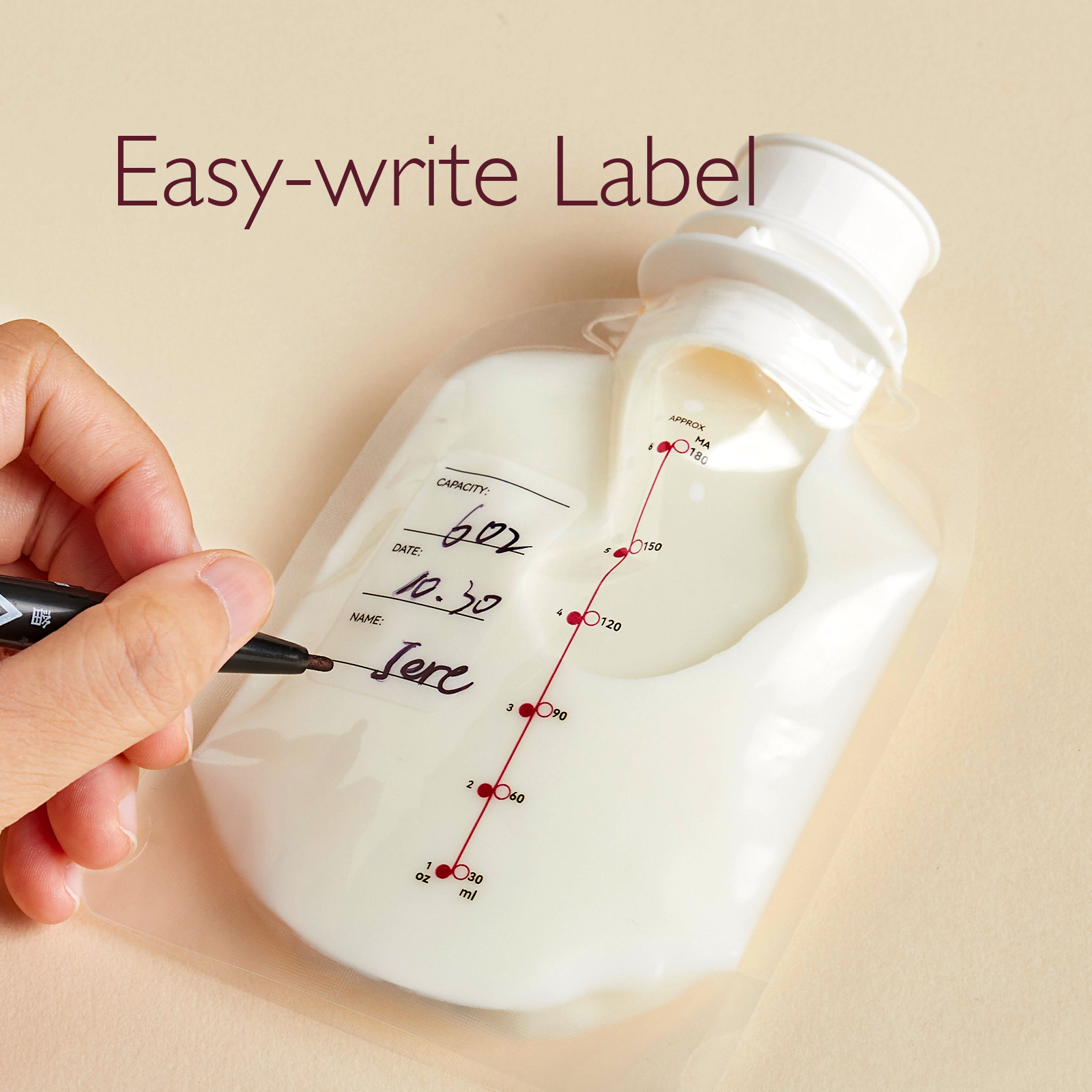 Breast milk storage bag with easy-write label and measured capacity indicator.