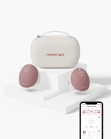 Momcozy Mobile Flow™ electric hands-free breast pump set with case and smart app displays the interface for smart milk expression.
