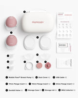 Momcozy Mobile Flow™ hands-free breast pump components laid out with case and accessories.