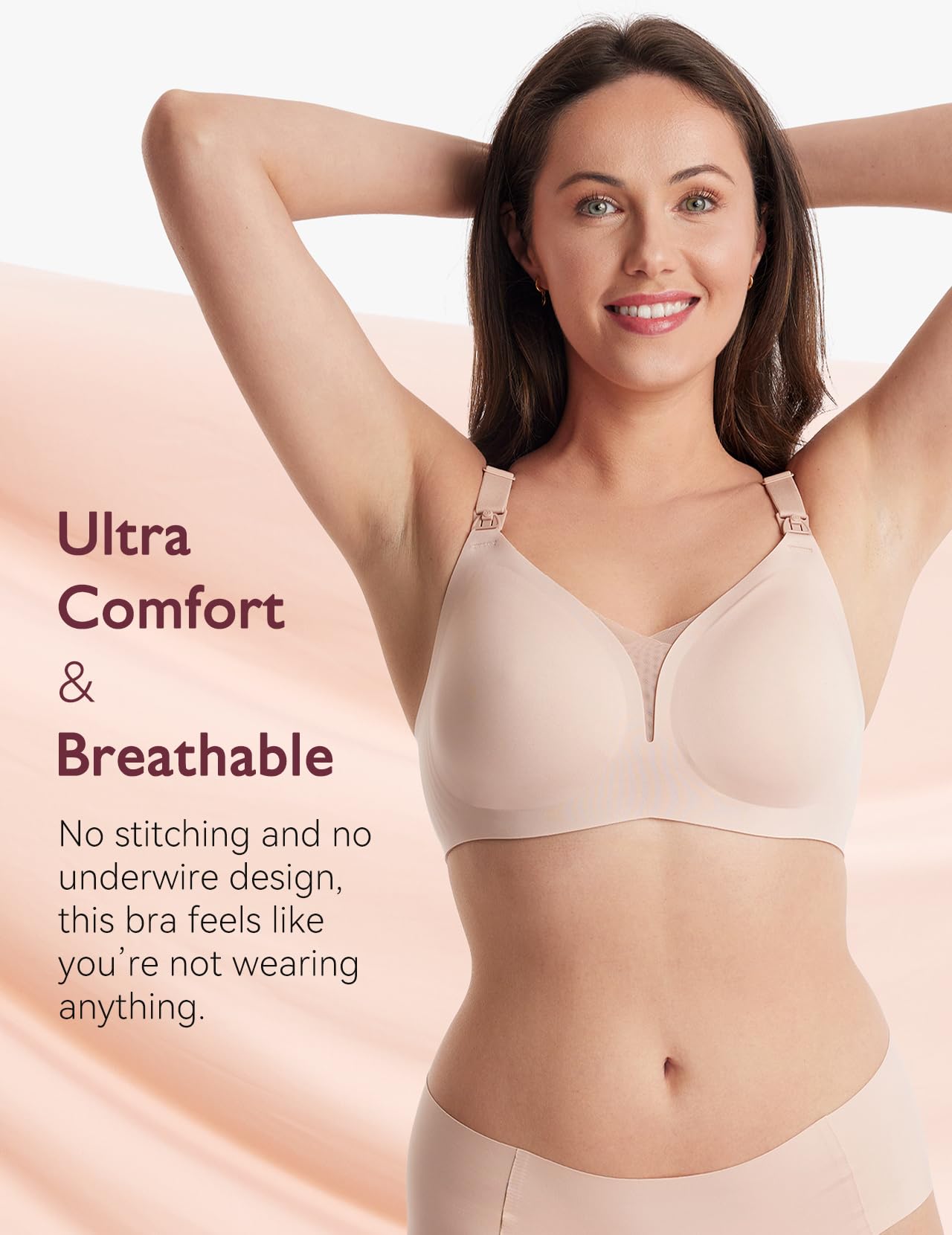 Model wearing a soft, beige Mesh Support Padded Wireless Bra with breathable design features.