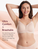 Model wearing a soft, beige Mesh Support Padded Wireless Bra with breathable design features.