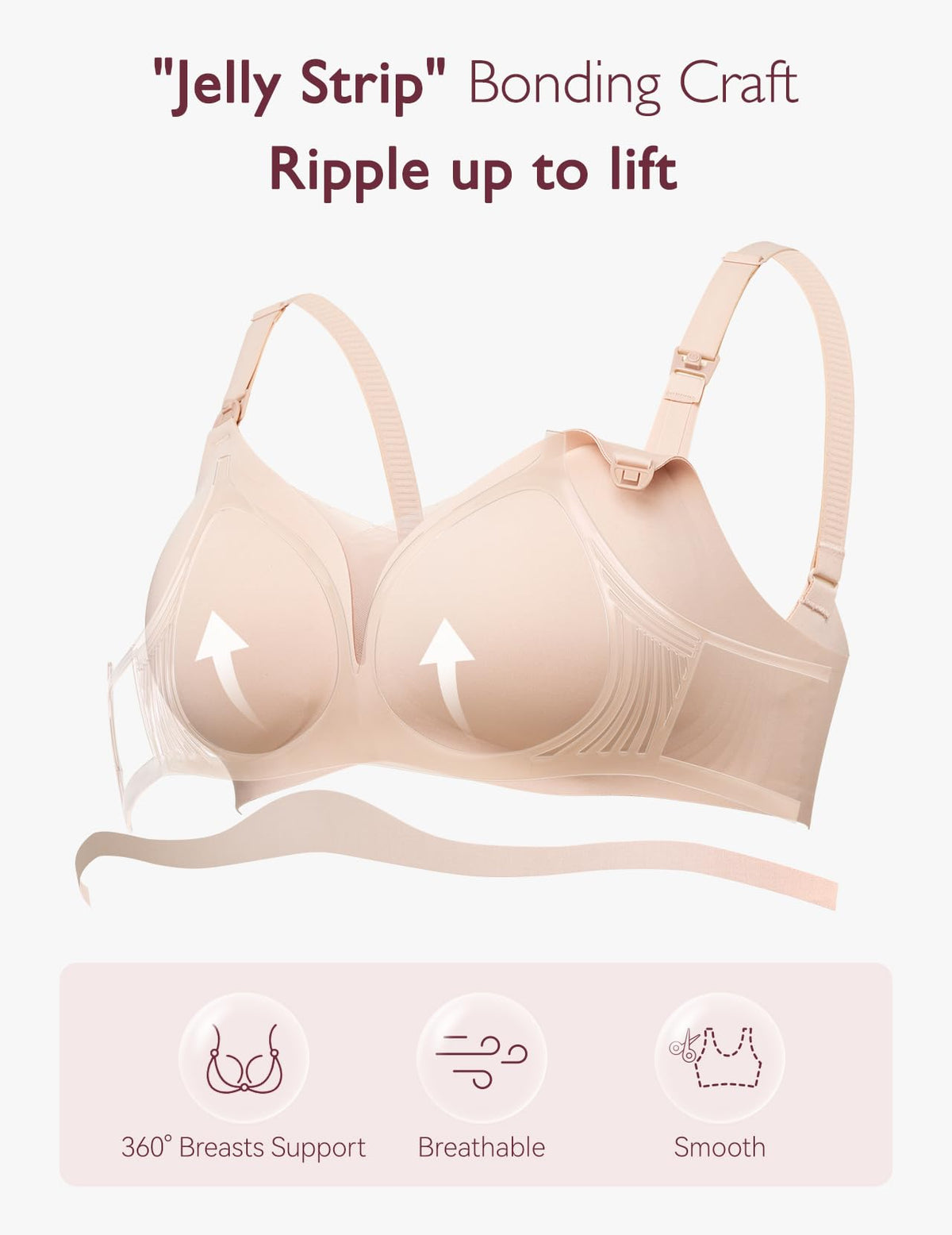 Beige Mesh Support Padded Wireless Bra showing 'Jelly Strip' bonding for lift and 360° support.
