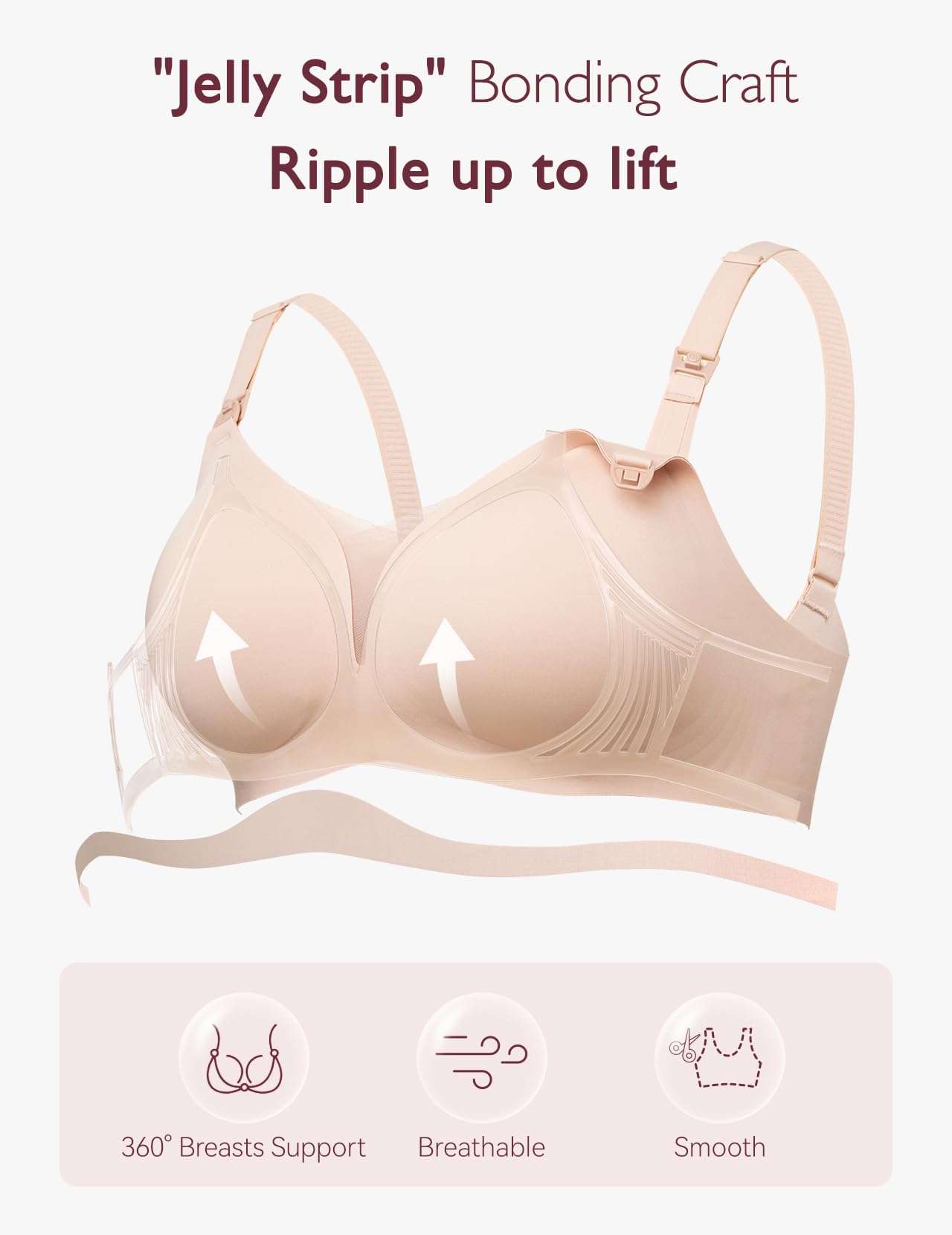 Beige Mesh Support Padded Wireless Bra showing 'Jelly Strip' bonding for lift and 360° support.