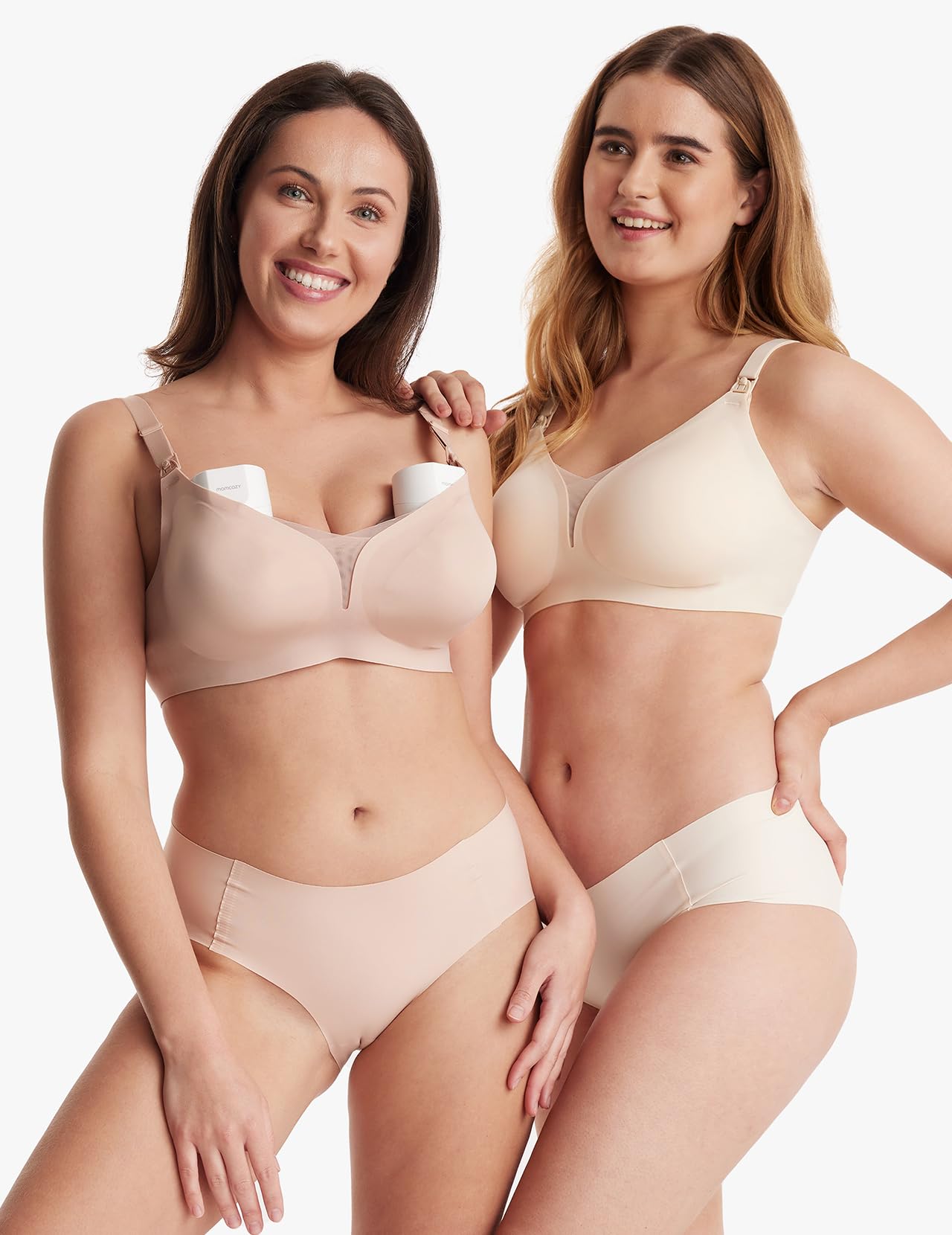 Two women smiling, wearing Mesh Support Padded Wireless Bras in beige and Oyster Pink shades.