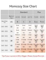 Momcozy Mesh Support Padded Wireless Bra size chart showing band and cup sizes for optimal fit.