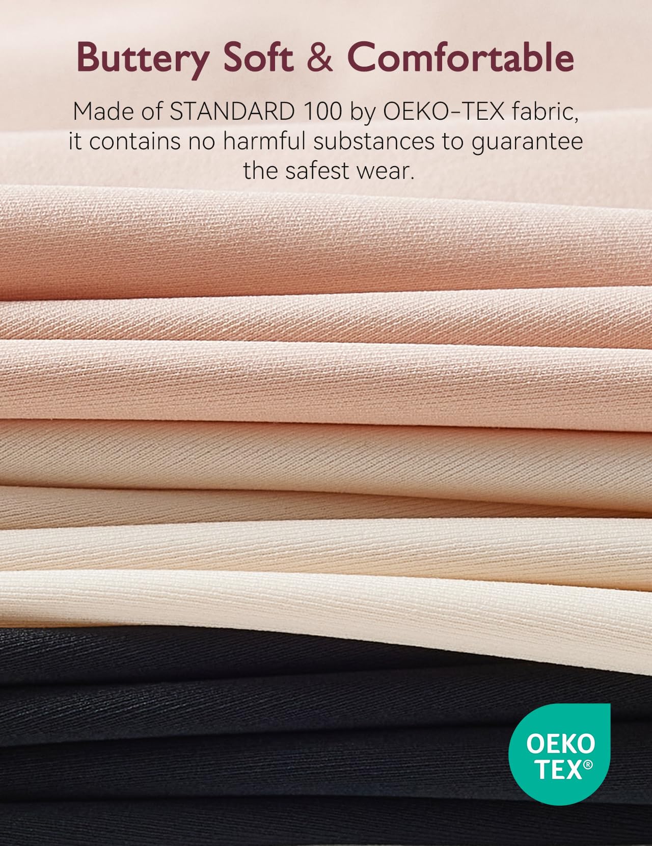 Close-up of soft fabric swatches in Oyster Pink, beige, and black with OEKO-TEX certification, used in Mesh Support Padded Wireless Bras.
