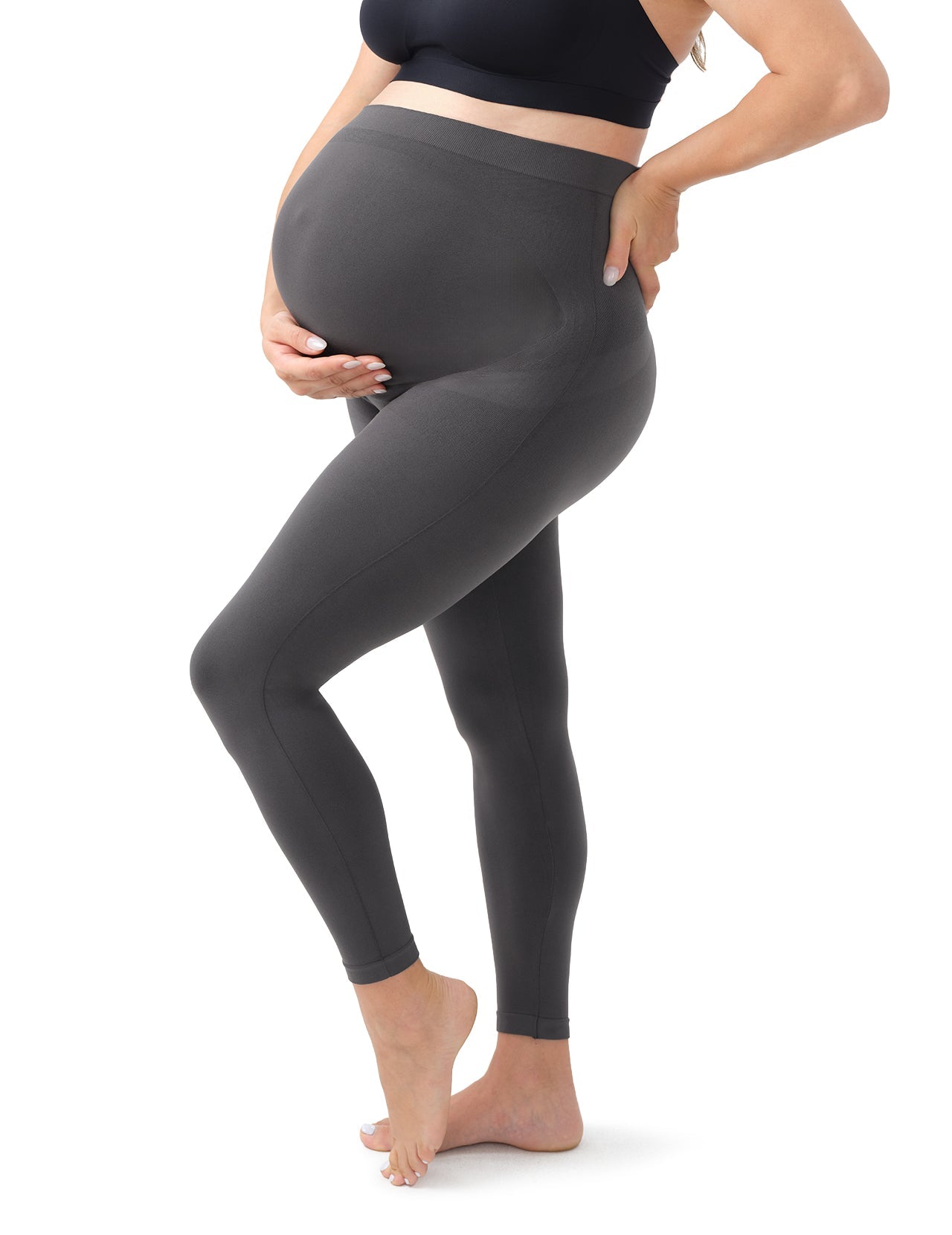 High-stretch grey over-the-belly maternity leggings for comfort and support during pregnancy.