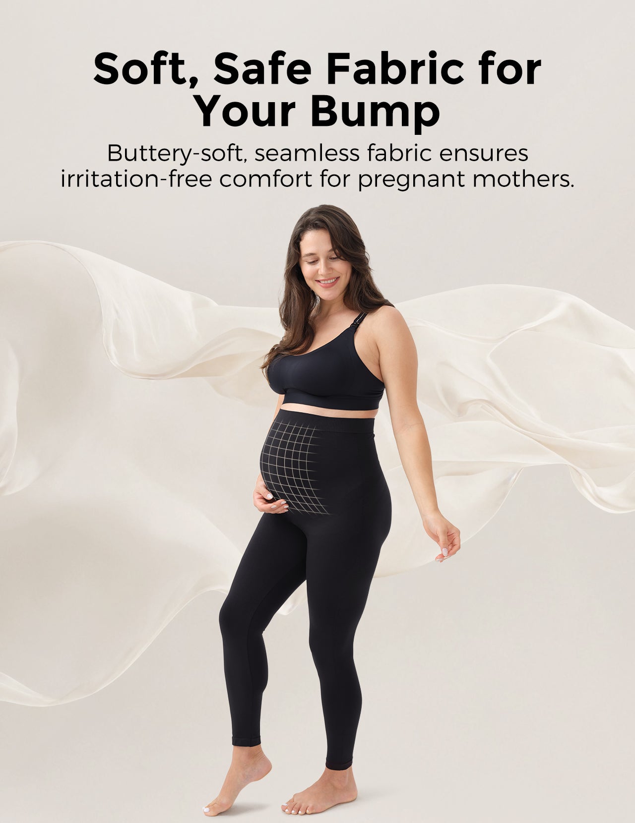 Pregnant woman in black leggings promoting soft, seamless fabric for comfort