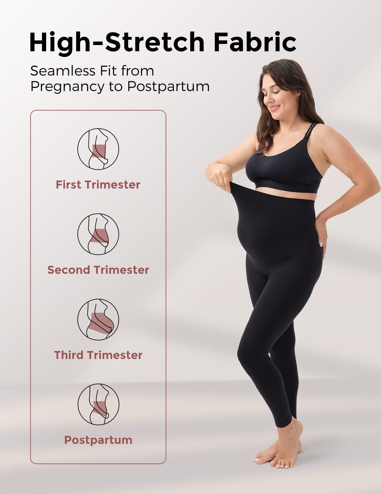 Pregnant woman in high-stretch maternity leggings showing seamless fit through pregnancy stages.
