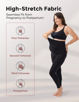 Pregnant woman in high-stretch maternity leggings showing seamless fit through pregnancy stages.