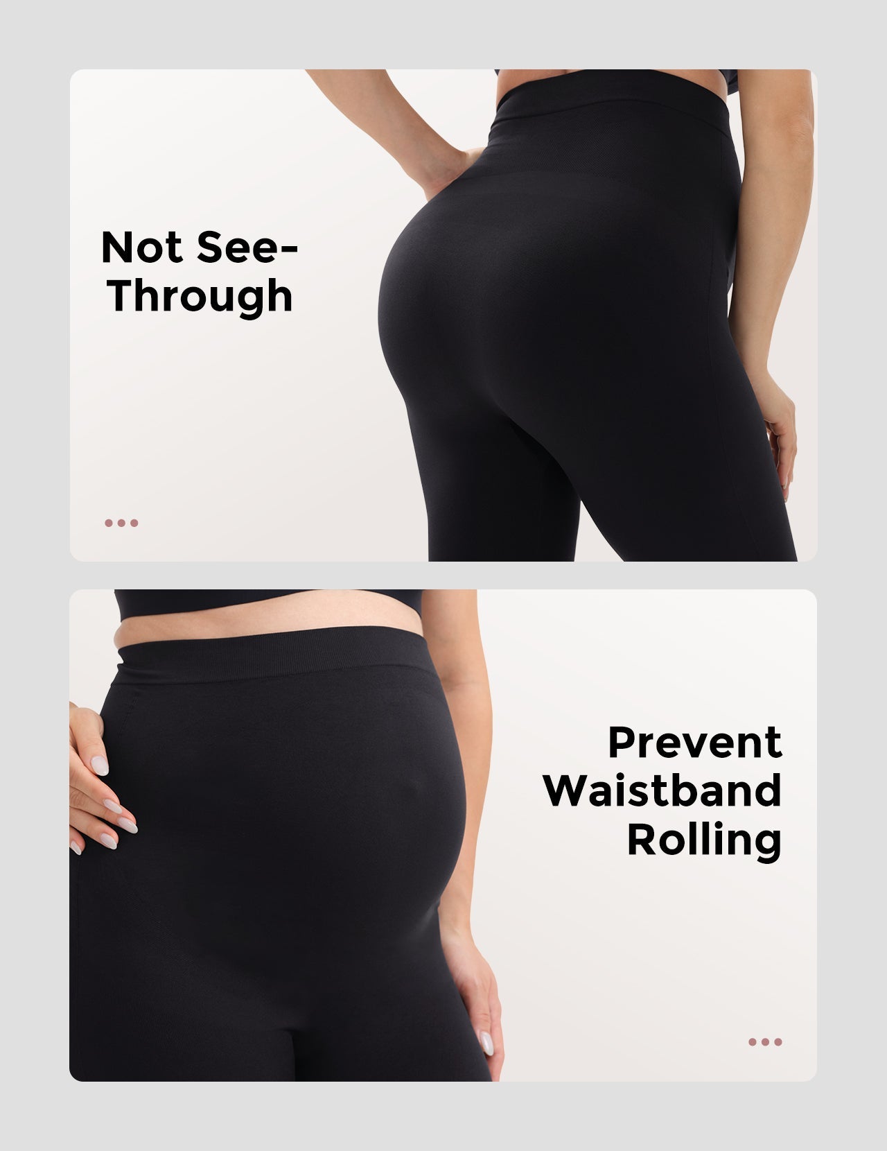 Black maternity leggings featuring no-see-through fabric and anti-roll waistband design.