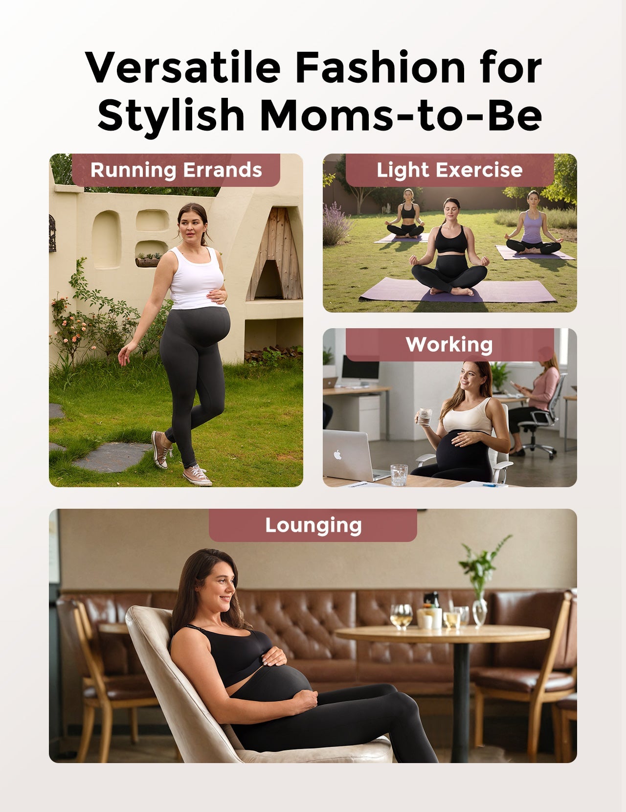 Collage showcasing maternity leggings for errands, exercise, work, and lounging.
