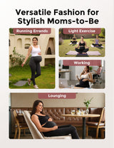 Collage showcasing maternity leggings for errands, exercise, work, and lounging.
