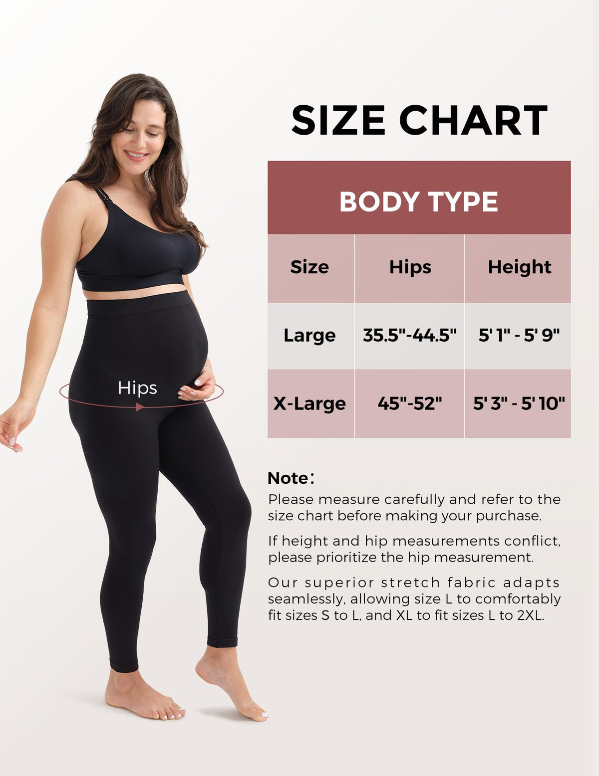 Size chart for maternity leggings showing body measurements for Large and X-Large sizes.
