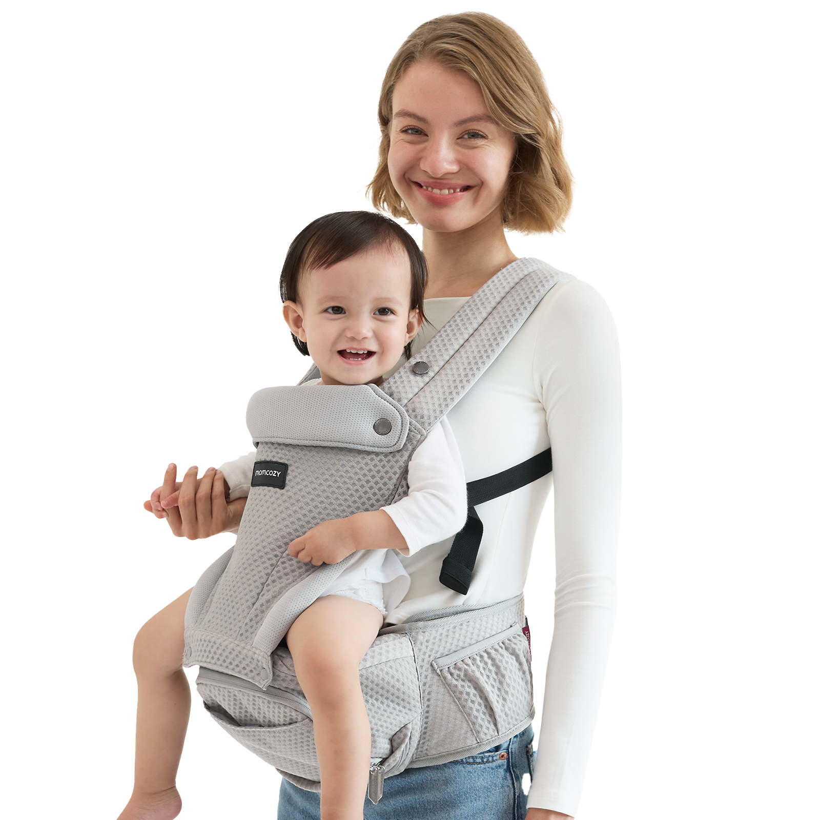 Momcozy Move2Fit Hip Seat Carrier, light gray, baby comfortably held by mother. Features ergonomic design.