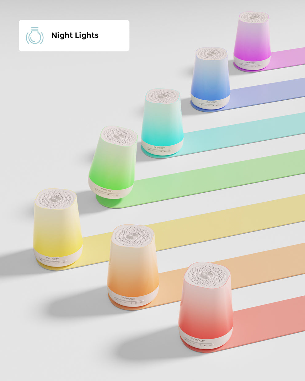 Momcozy Smart Baby Sound Machine with colorful gradient night lights, showcasing the night light feature for soothing babies.