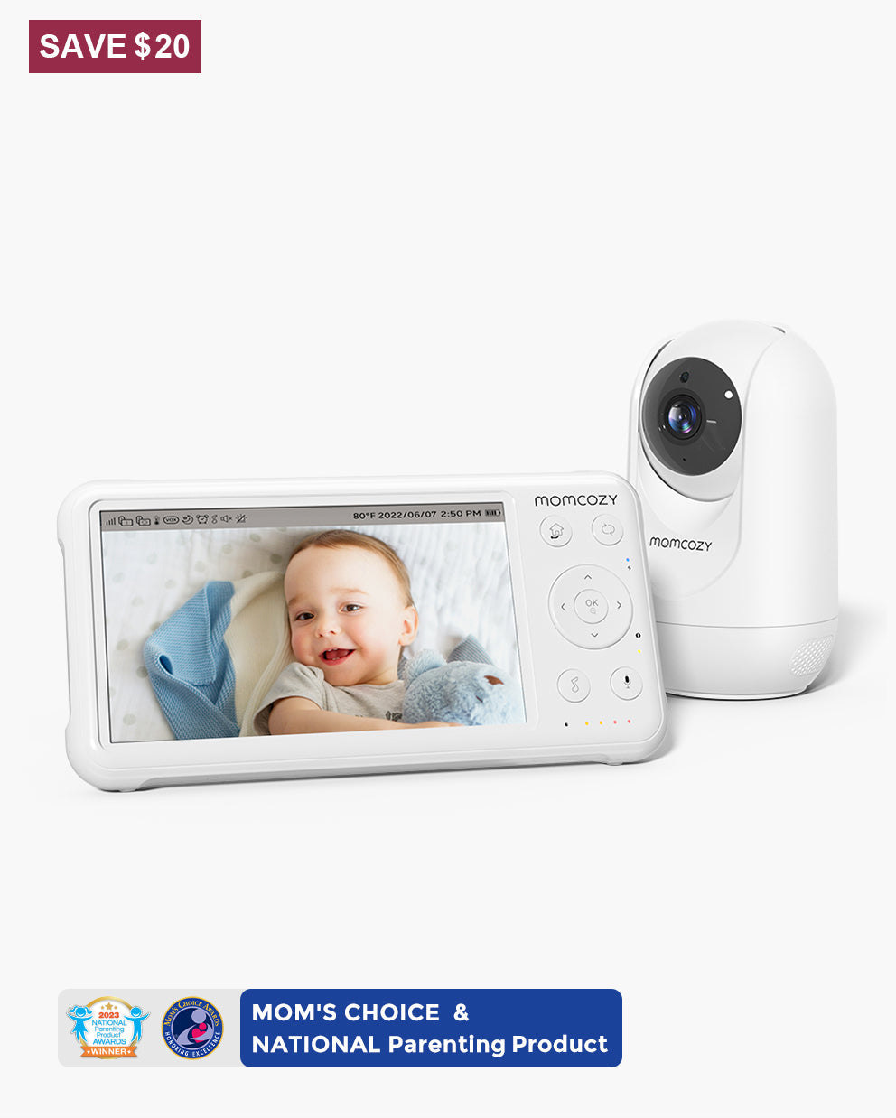 Momcozy 1080P Baby Monitor BM01, displaying baby and time, Mom's Choice & National Parenting Product award winner. Save $20.